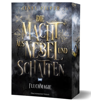 Das Cover zeigt einen grauen in Schwarz verlaufenden Hintergrund mit leuchtenden Symbolen. Im Vordergrund steht der Titel in goldener Schrift umnebelt von weißen Rauchschwaden.